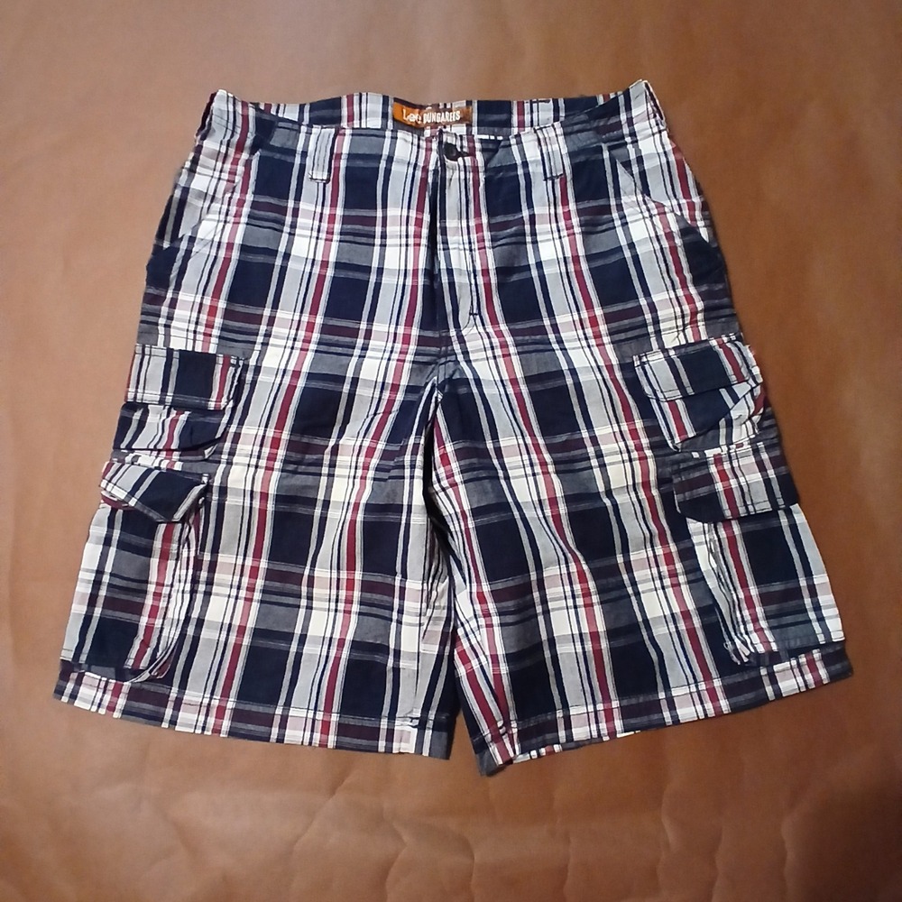 Lee Dungarees Men's 36 Plaid Cotton Cargo Shorts Pockets Button Blue Red White